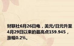 财联社6月26日电，美元/日元升至4月29日以来的最高点159.945，涨幅0.2%。