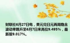 财联社6月27日电，美元兑日元两周隐含波动率跳升至6月7日来高位9.495%，最新报9.017%。