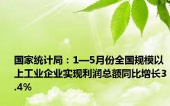 国家统计局：1—5月份全国规模以上工业企业实现利润总额同比增长3.4%