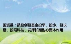 国资委：鼓励创投基金投早、投小、投长期、投硬科技，发挥长期耐心资本作用