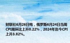 财联社6月26日电，俄罗斯6月24日当周CPI周环比上升0.22%，2024年迄今CPI上升3.82%。