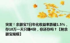 突发！余额宝7日年化收益率跌破1.5%，存10万一天只赚4块，你还存吗？【附余额宝规模】