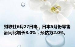 财联社6月27日电，日本5月份零售额同比增长3.0%，预估为2.0%。