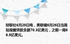 财联社6月28日电，美联储6月26日当周贴现窗贷款余额70.3亿美元，之前一周66.8亿美元。