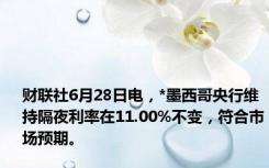 财联社6月28日电，*墨西哥央行维持隔夜利率在11.00%不变，符合市场预期。