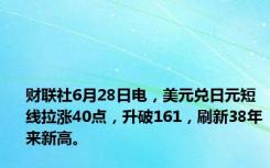 财联社6月28日电，美元兑日元短线拉涨40点，升破161，刷新38年来新高。