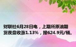 财联社6月28日电，上期所原油期货夜盘收涨1.13%，报624.9元/桶。