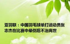 亚羽联：中国羽毛球单打运动员张志杰在比赛中晕倒后不治离世