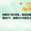 财联社7月8日电，现货白银日内跌幅达1%，现报30.89美元/盎司。