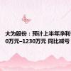 大为股份：预计上半年净利亏损960万元–1230万元 同比减亏