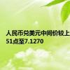 人民币兑美元中间价较上日调升51点至7.1270