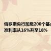 俄罗斯央行加息200个基点 将基准利率从16%升至18%