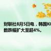 财联社8月5日电，韩国KOSPI指数跌幅扩大至超4%。