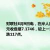 财联社8月9日电，在岸人民币兑美元收盘报7.1746，较上一交易日下跌117点。