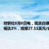 财联社8月8日电，现货白银日内涨幅达2%，现报27.11美元/盎司。