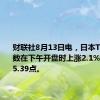 财联社8月13日电，日本TOPIX指数在下午开盘时上涨2.1%，至2535.39点。
