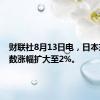 财联社8月13日电，日本东证指数涨幅扩大至2%。