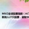 MSCI全球股票指数（ACWI）新纳入27只股票，剔除96只股票