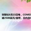 财联社8月15日电，COMEX期金突破2500美元/盎司，日内涨0.82%。