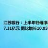 江苏银行：上半年归母净利润187.31亿元 同比增长10.05%