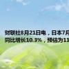 财联社8月21日电，日本7月份出口同比增长10.3%，预估为11.5%。