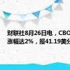 财联社8月26日电，CBOT豆油涨幅达2%，报41.19美分/磅。