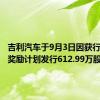 吉利汽车于9月3日因获行使股份奖励计划发行612.99万股