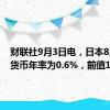 财联社9月3日电，日本8月基础货币年率为0.6%，前值1.00%。