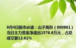 9月4日股市必读：山子高科（000981）当日主力资金净流出1576.6万元，占总成交额12.61%