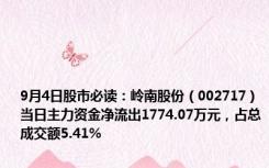 9月4日股市必读：岭南股份（002717）当日主力资金净流出1774.07万元，占总成交额5.41%