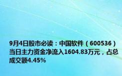 9月4日股市必读：中国软件（600536）当日主力资金净流入1604.83万元，占总成交额4.45%