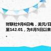 财联社9月6日电，美元/日元跌1%至142.01，为8月5日以来最低水平。