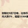 财联社9月7日电，比特币24小时内大跌5%，现报53364美元。