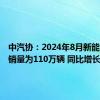 中汽协：2024年8月新能源汽车销量为110万辆 同比增长30%