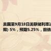 美国至9月18日美联储利率决定(上限) 5%，预期5.25%，前值5.50%。