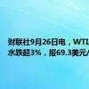 财联社9月26日电，WTI原油跳水跌超3%，报69.3美元/桶。