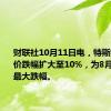 财联社10月11日电，特斯拉盘初股价跌幅扩大至10%，为8月5日以来最大跌幅。