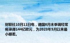 财联社10月11日电，德国8月未季调经常帐录得144亿欧元，为2023年5月以来最小顺差。