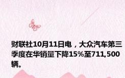 财联社10月11日电，大众汽车第三季度在华销量下降15%至711,500辆。