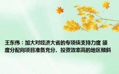 王东伟：加大对经济大省的专项债支持力度 额度分配向项目准备充分、投资效率高的地区倾斜