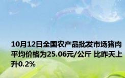 10月12日全国农产品批发市场猪肉平均价格为25.06元/公斤 比昨天上升0.2%