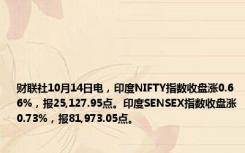 财联社10月14日电，印度NIFTY指数收盘涨0.66%，报25,127.95点。印度SENSEX指数收盘涨0.73%，报81,973.05点。