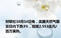 财联社10月14日电，美国天然气期货日内下跌3%，现报2.553美元/百万英热。