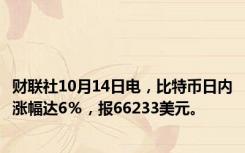 财联社10月14日电，比特币日内涨幅达6％，报66233美元。