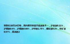 财联社10月14日电，国内期货夜盘开盘涨跌不一，沪金涨0.11%，沪银跌0.4%，沪铜跌0.66%，沪锌跌1.75%，螺纹涨0.2%，铁矿涨0.57%，原油跌2