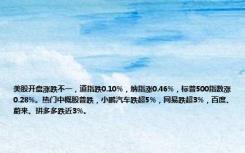 美股开盘涨跌不一，道指跌0.10%，纳指涨0.46%，标普500指数涨0.28%。热门中概股普跌，小鹏汽车跌超5%，网易跌超3%，百度、蔚来、拼多多跌近3%。