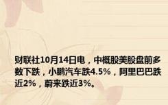 财联社10月14日电，中概股美股盘前多数下跌，小鹏汽车跌4.5%，阿里巴巴跌近2%，蔚来跌近3%。