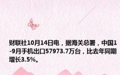 财联社10月14日电，据海关总署，中国1-9月手机出口57973.7万台，比去年同期增长3.5%。