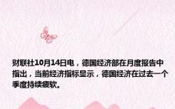 财联社10月14日电，德国经济部在月度报告中指出，当前经济指标显示，德国经济在过去一个季度持续疲软。