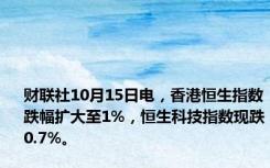 财联社10月15日电，香港恒生指数跌幅扩大至1%，恒生科技指数现跌0.7%。